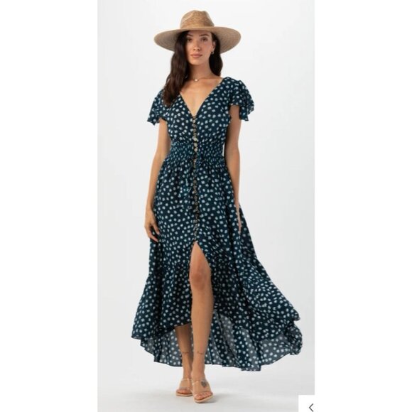 Tiara Hawaii Dress S M L Green Blue Tan Smocked Ruffle Flowy Washable NEW - Picture 1 of 13